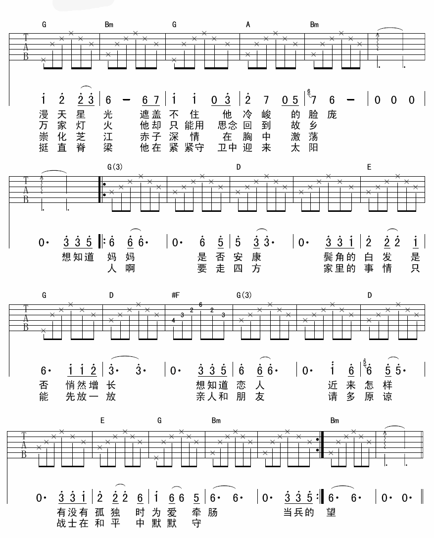 他在那里站岗吉他谱 D调六线谱_齐延麟编配_许飞