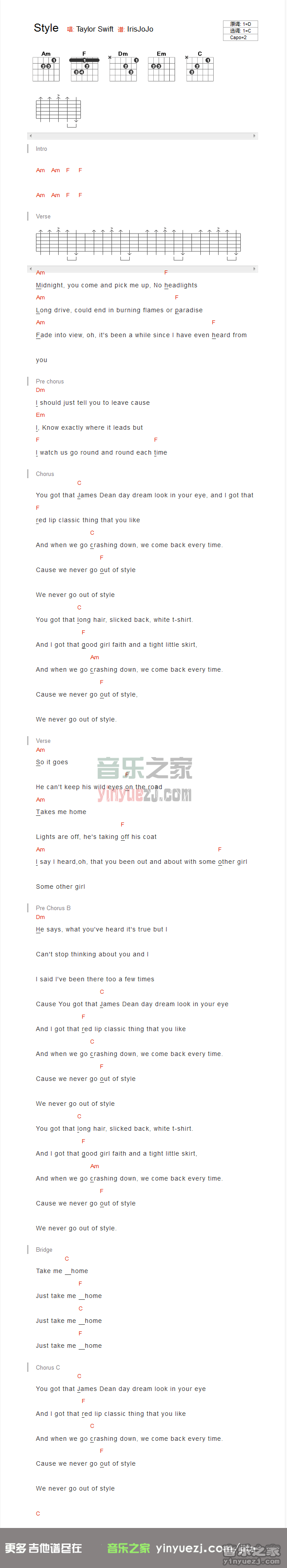 style吉他谱 C调和弦谱_音乐之家编配_taylor swift-吉他谱_吉他弹唱六线谱_指弹吉他谱_吉他教学视频 - 民谣吉他网