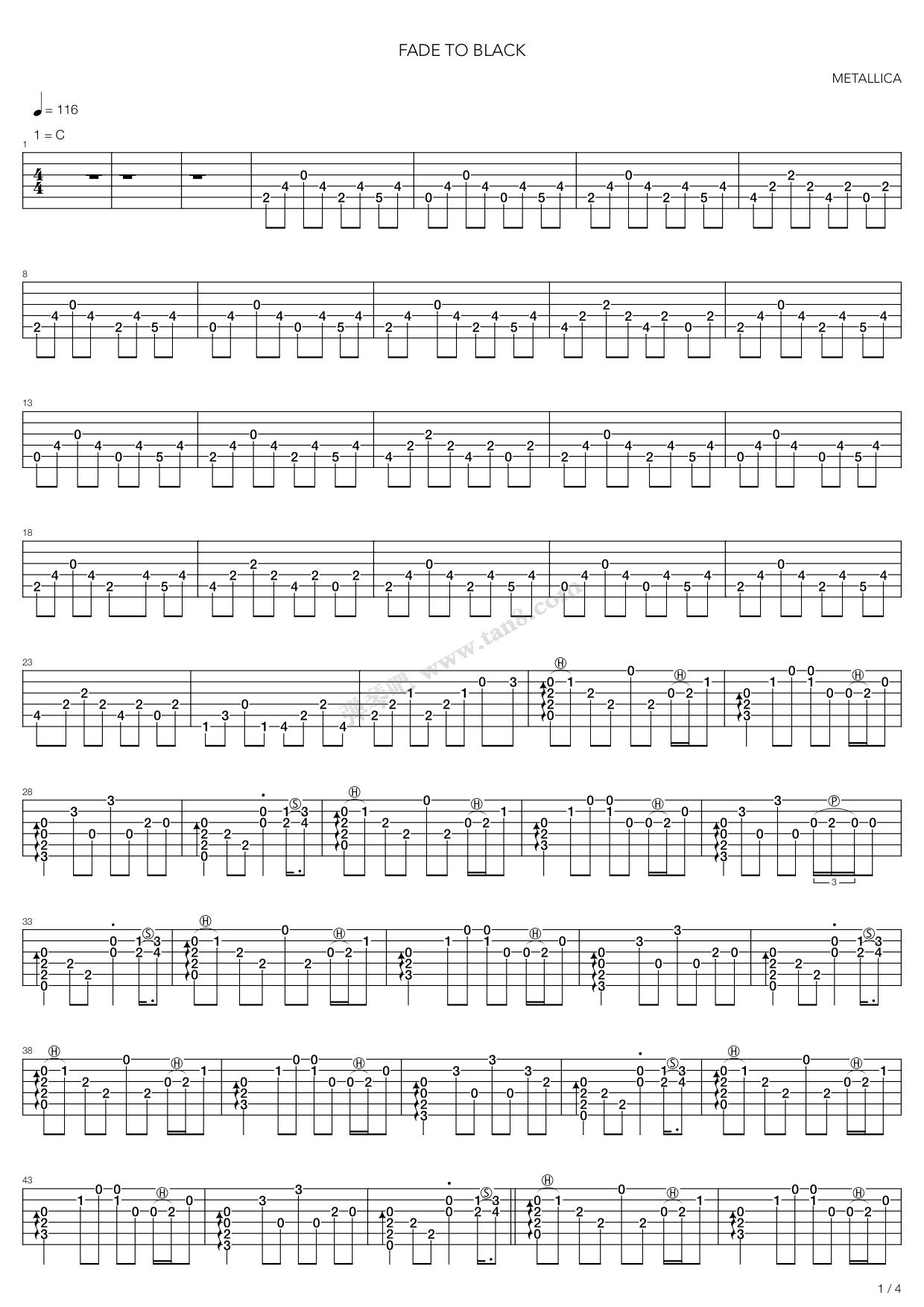 Fade to black指弹谱 C调六线谱_高清版_Metallica-吉他谱_吉他弹唱六线谱_指弹吉他谱_吉他教学视频 - 民谣吉他网