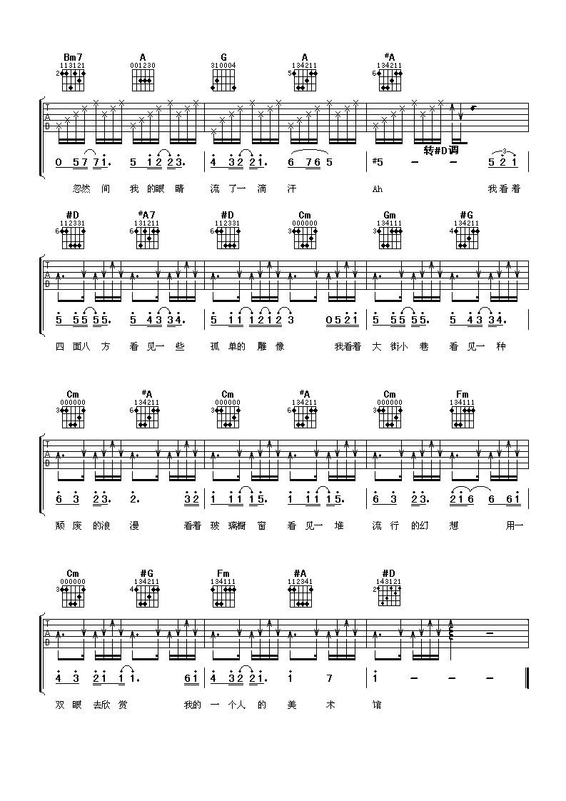 一个人的美术馆吉他谱 D调女生版_阿潘音乐工场编配_杨千嬅