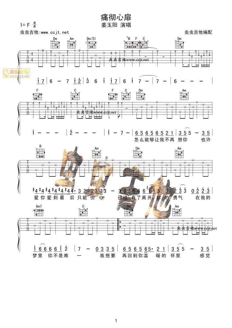 痛彻心扉吉他谱 F调_虫虫吉他编配_姜玉阳-吉他谱_吉他弹唱六线谱_指弹吉他谱_吉他教学视频 - 民谣吉他网