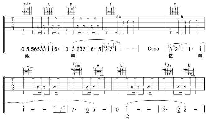 寒雨吉他谱 E调六线谱_虫虫吉他编配_齐秦