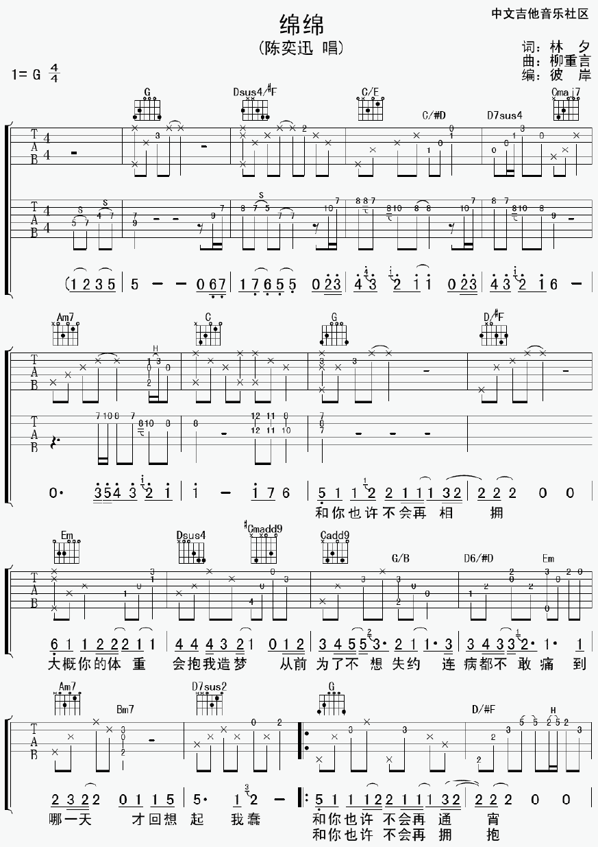 绵绵吉他谱 G调六线谱_17吉他编配_陈奕迅-吉他谱_吉他弹唱六线谱_指弹吉他谱_吉他教学视频 - 民谣吉他网