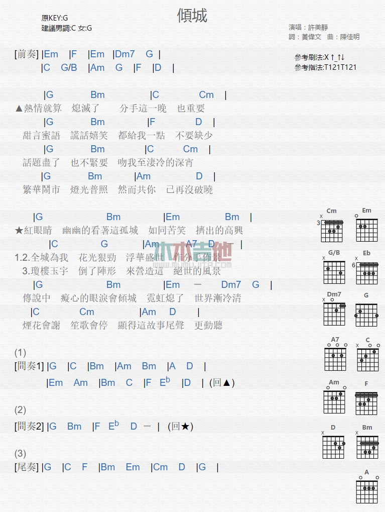 倾城吉他谱 G调和弦谱_木木吉他编配_许美静-吉他谱_吉他弹唱六线谱_指弹吉他谱_吉他教学视频 - 民谣吉他网