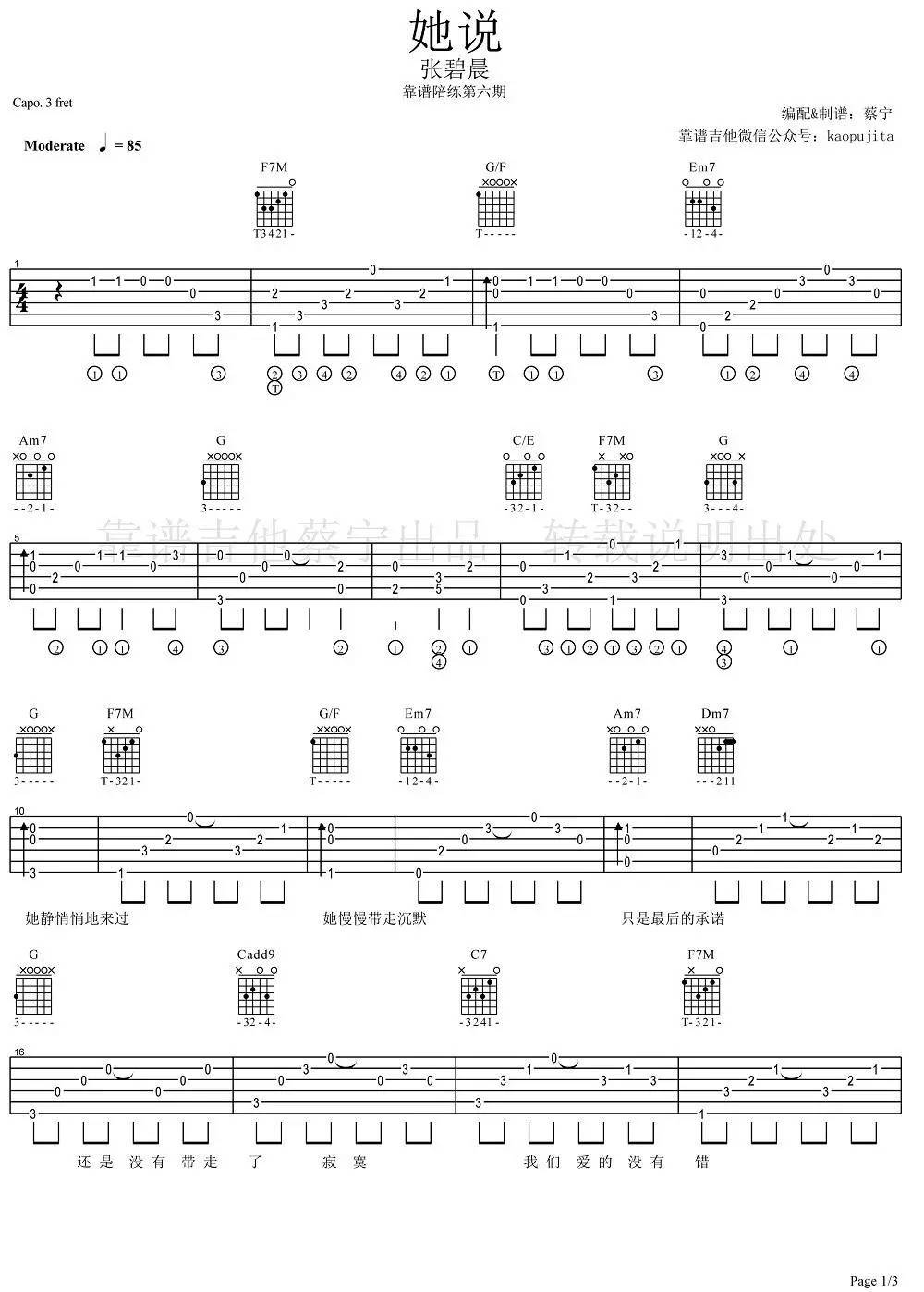 她说吉他谱 简单版_靠谱吉他编配_张碧晨-吉他谱_吉他弹唱六线谱_指弹吉他谱_吉他教学视频 - 民谣吉他网