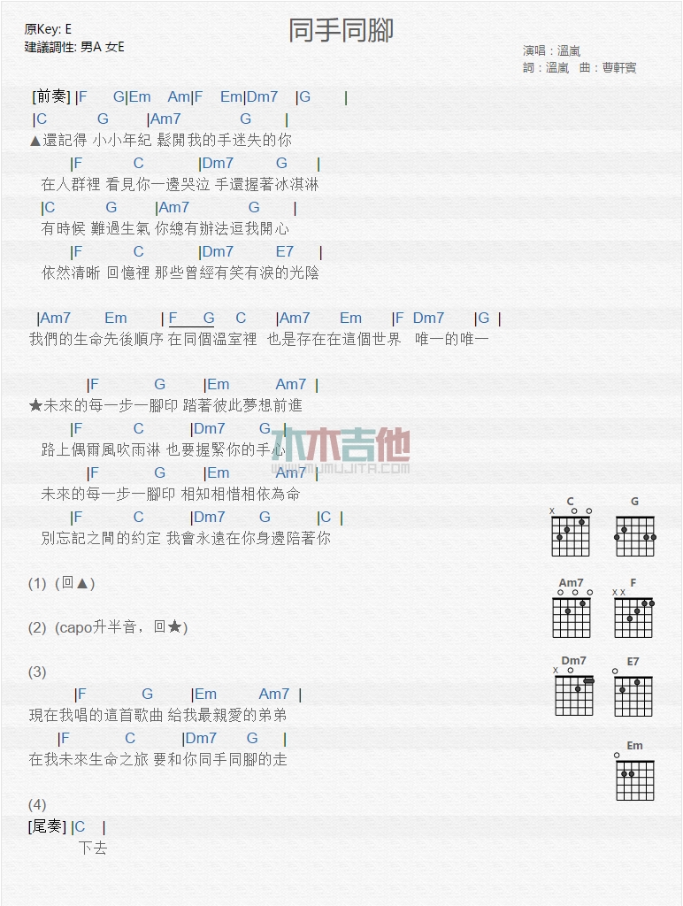 同手同脚吉他谱 E调和弦谱_木木吉他编配_温岚-吉他谱_吉他弹唱六线谱_指弹吉他谱_吉他教学视频 - 民谣吉他网