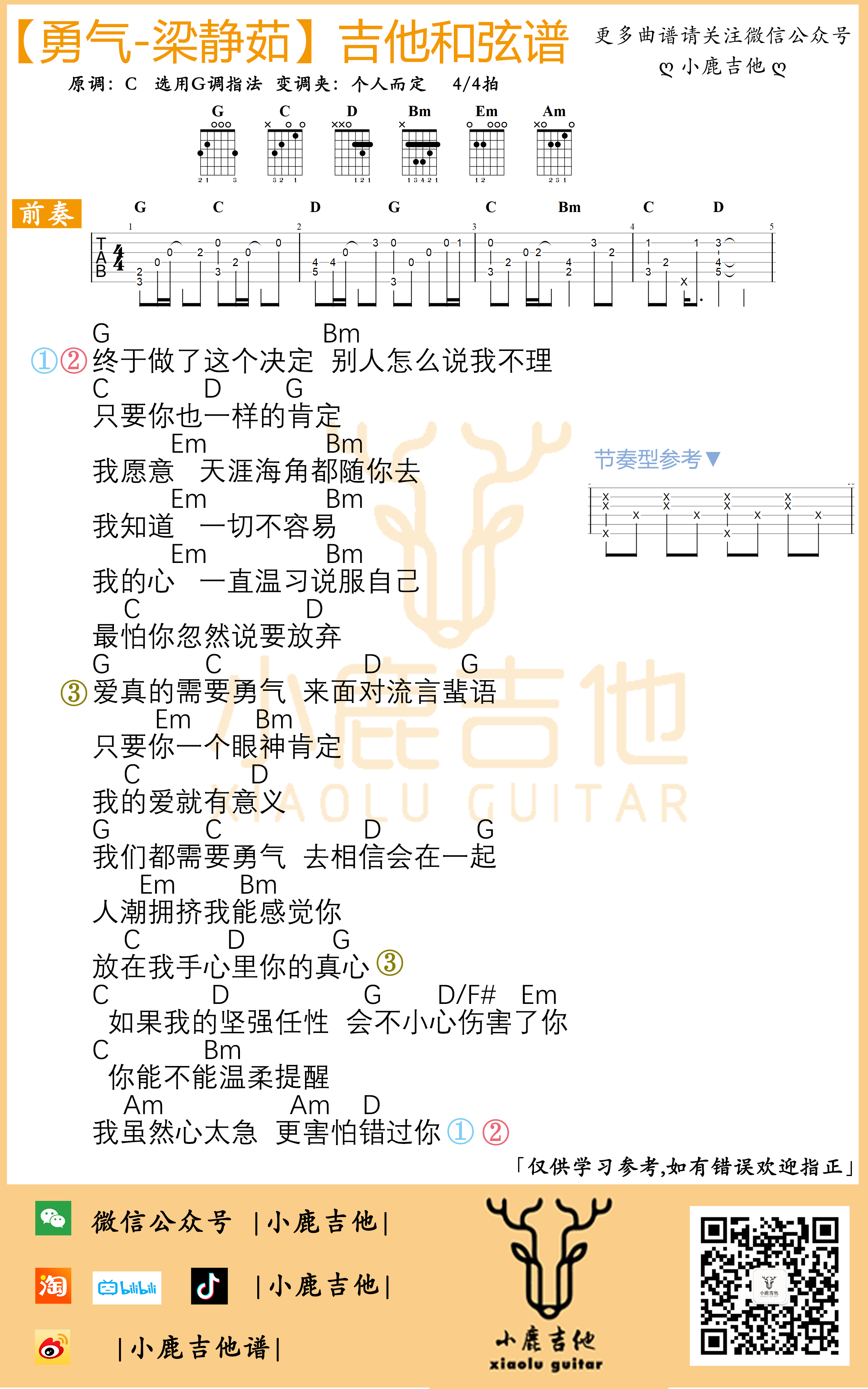 勇气吉他谱梁静茹_C调指法编配_小鹿吉他-吉他谱_吉他弹唱六线谱_指弹吉他谱_吉他教学视频 - 民谣吉他网