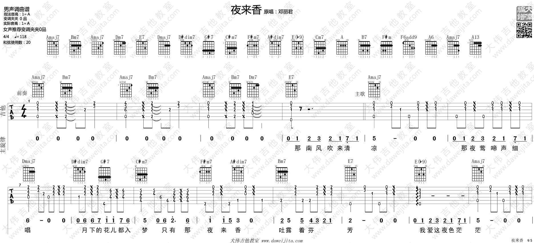 夜来香吉他谱 A调精选版_大伟吉他教室编配_邓丽君-吉他谱_吉他弹唱六线谱_指弹吉他谱_吉他教学视频 - 民谣吉他网