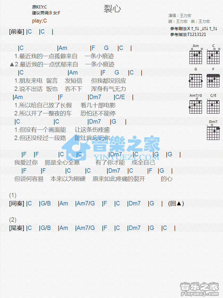 裂心吉他谱 C调和弦谱_音乐之家编配_王力宏-吉他谱_吉他弹唱六线谱_指弹吉他谱_吉他教学视频 - 民谣吉他网