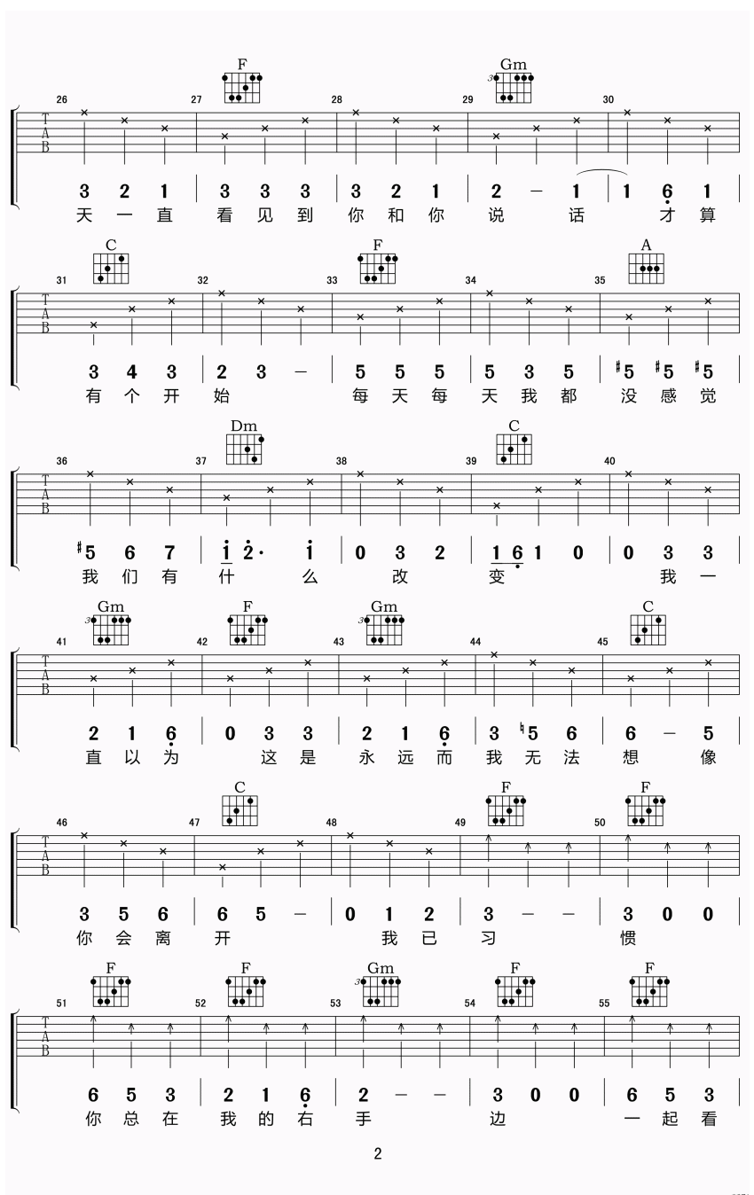 每天每天吉他谱 F调六线谱_简单版_方大同