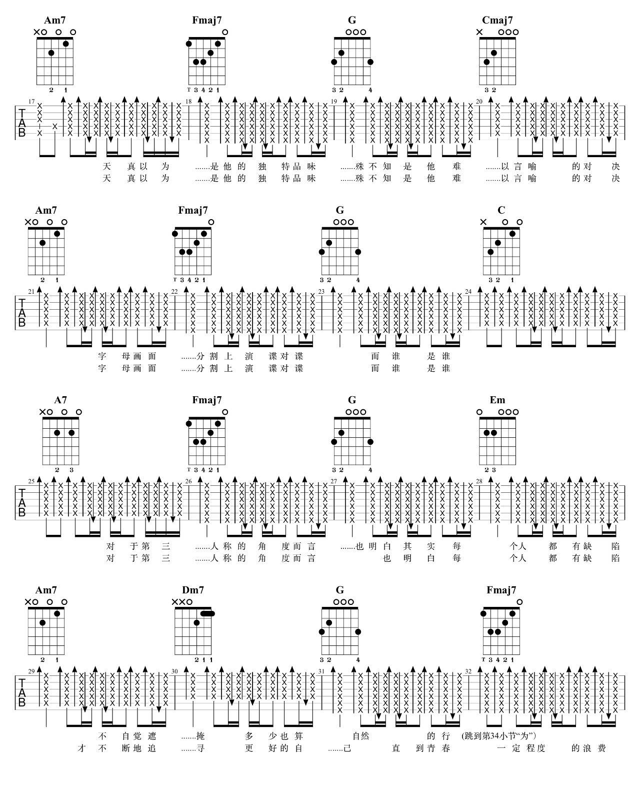 第三人称吉他谱 C调_附吉他弹唱示范视频_7T吉他编配_Hush