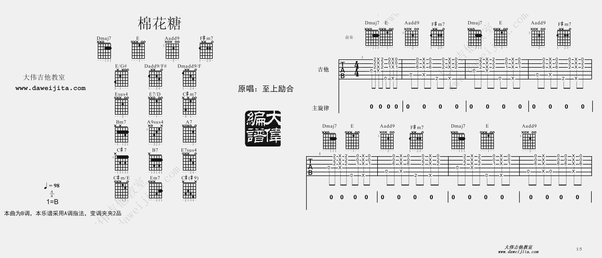 棉花糖吉他谱 A调精选版_大伟吉他教室编配_至上励合-吉他谱_吉他弹唱六线谱_指弹吉他谱_吉他教学视频 - 民谣吉他网