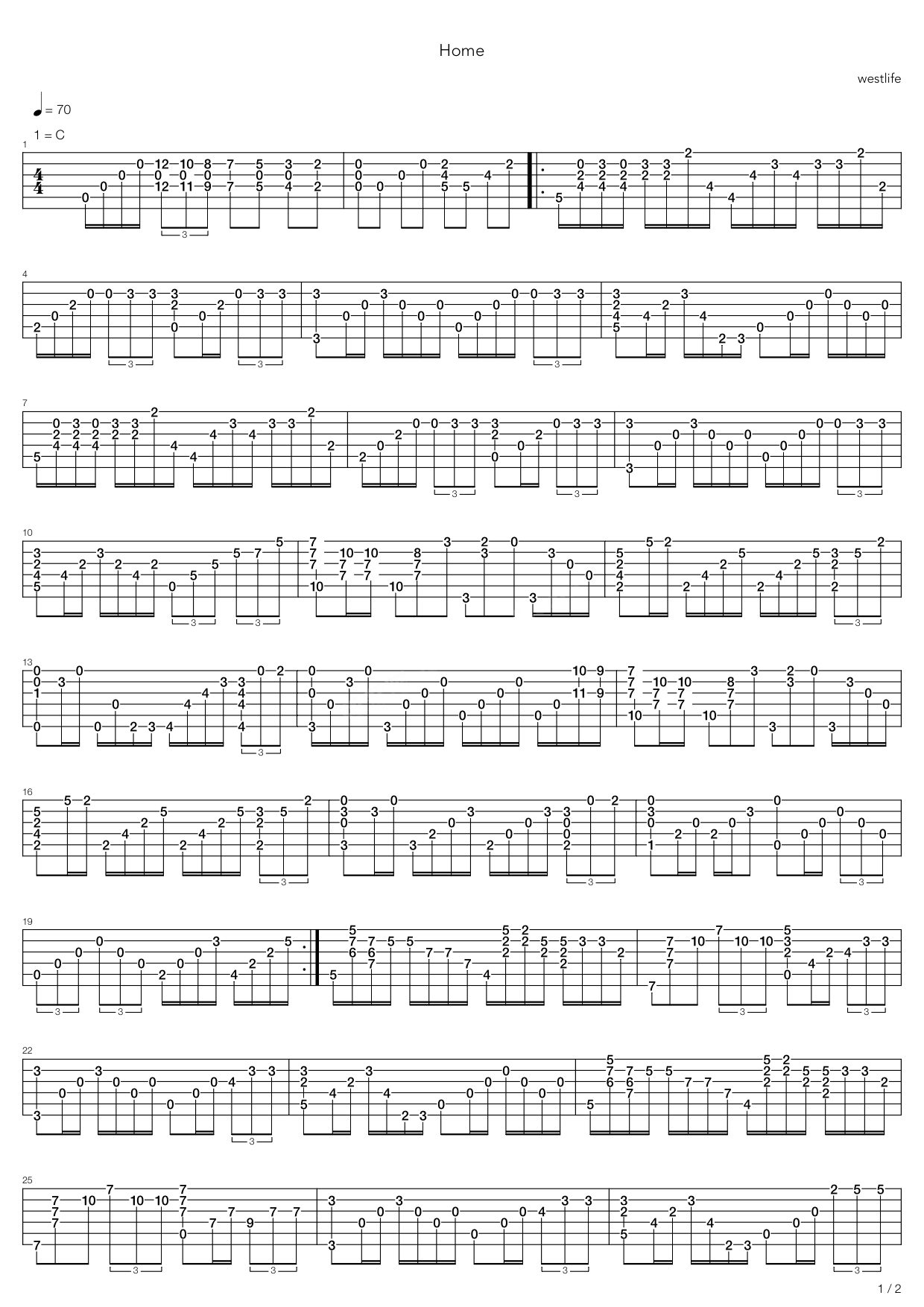 Home指弹谱 C调六线谱_简单版_Westlife-吉他谱_吉他弹唱六线谱_指弹吉他谱_吉他教学视频 - 民谣吉他网