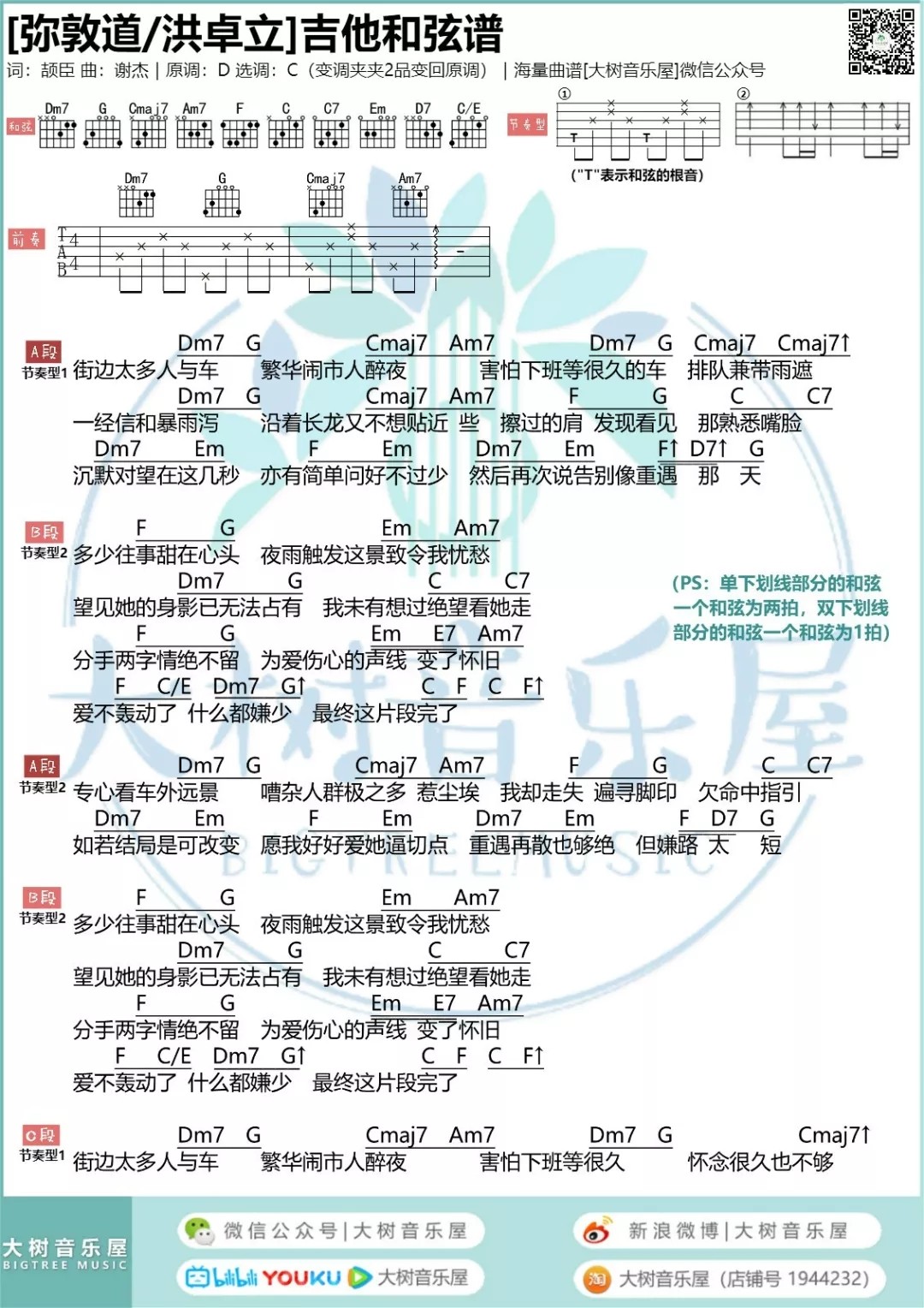 弥敦道吉他谱 C调和弦谱_大树音乐屋编配_洪卓立-吉他谱_吉他弹唱六线谱_指弹吉他谱_吉他教学视频 - 民谣吉他网