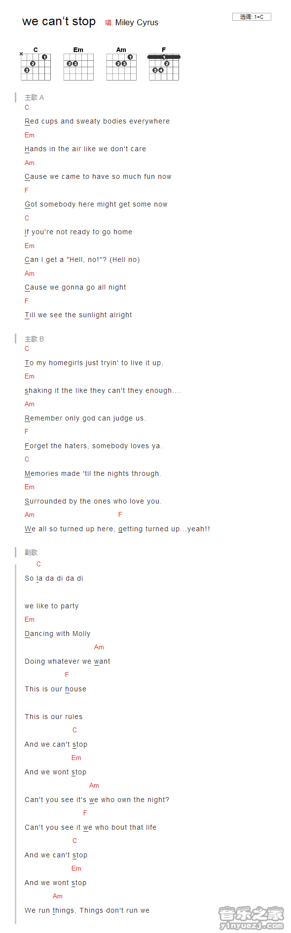 we can't stop吉他谱 C调和弦谱_音乐之家编配_Miley Cyrus-吉他谱_吉他弹唱六线谱_指弹吉他谱_吉他教学视频 - 民谣吉他网