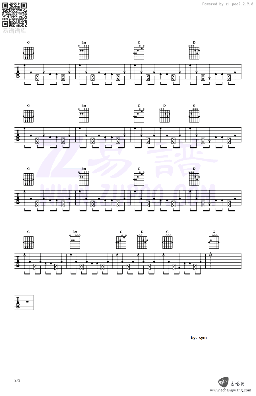 我乐意吉他谱 G调六线谱_易唱网编配_许嵩