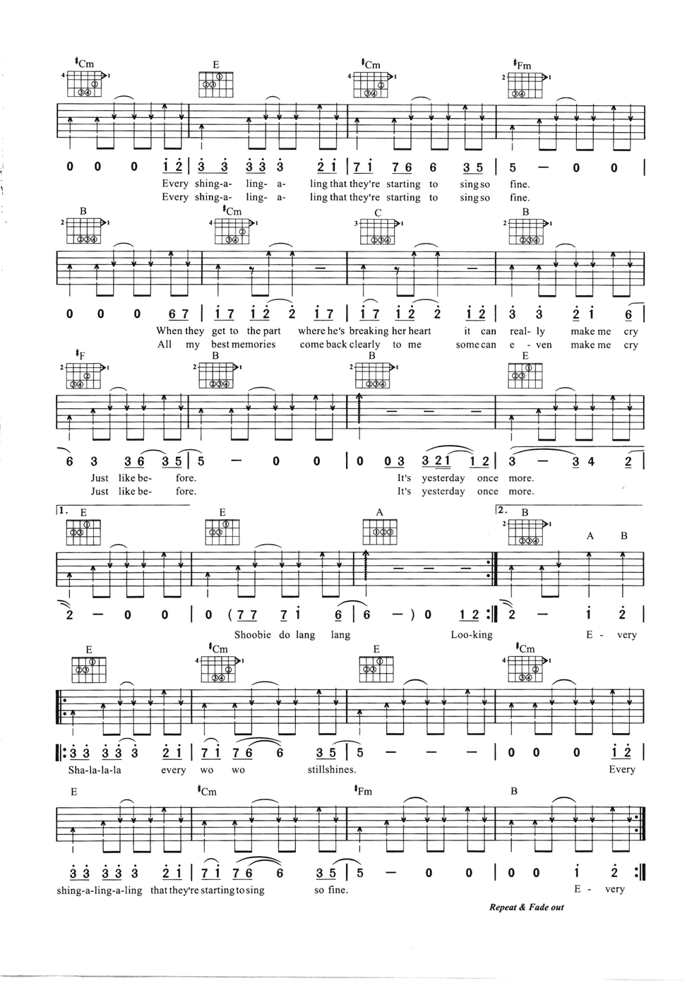 Yesterday Once More吉他谱 E调六线谱_简单版_Carpenters