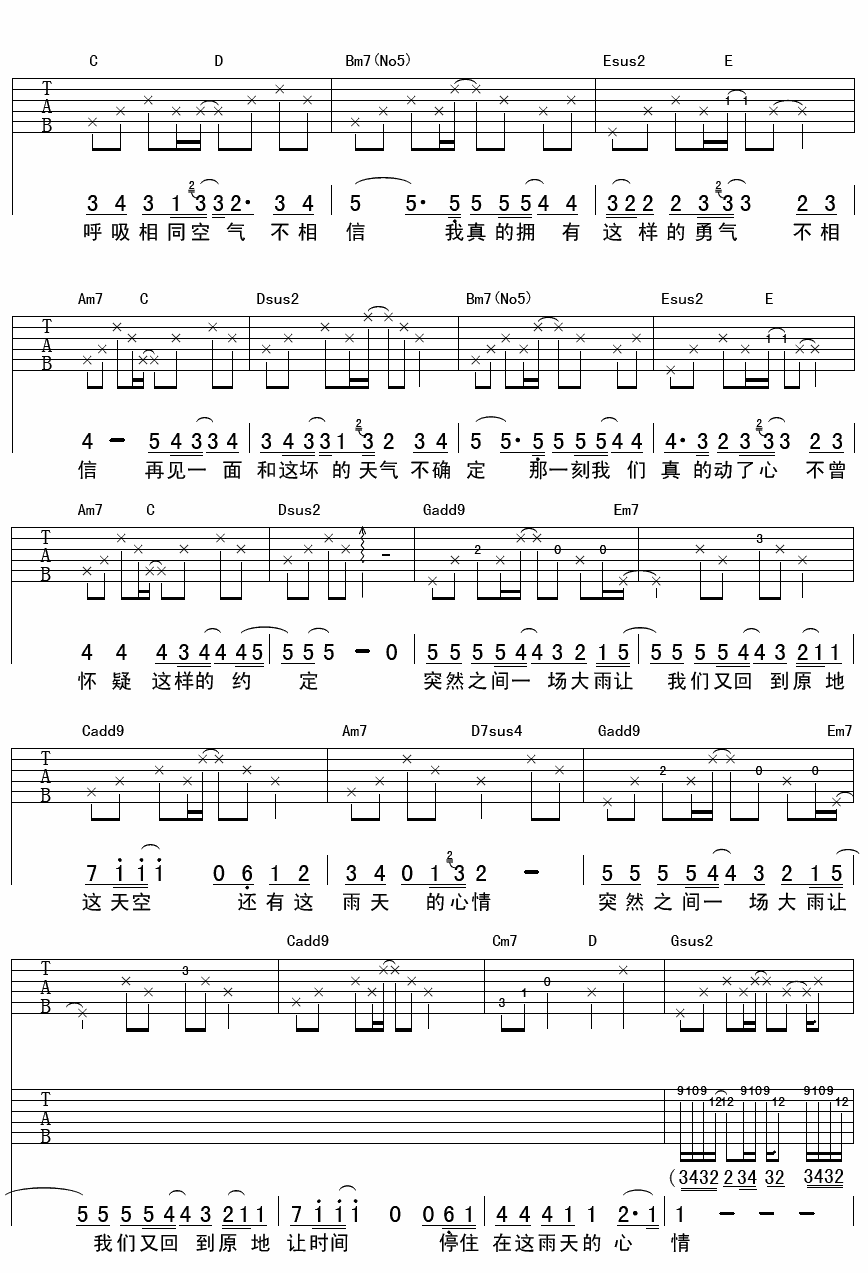 下雨吉他谱 A调附前奏_齐延麟编配_李宇春