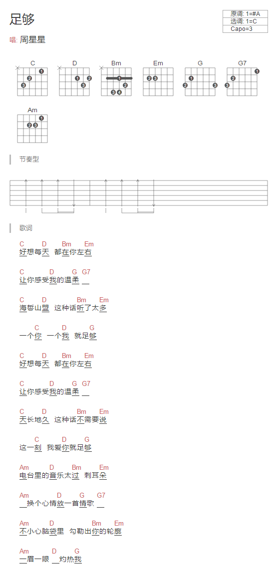 足够吉他谱 C调和弦谱_简单版_周星星-吉他谱_吉他弹唱六线谱_指弹吉他谱_吉他教学视频 - 民谣吉他网