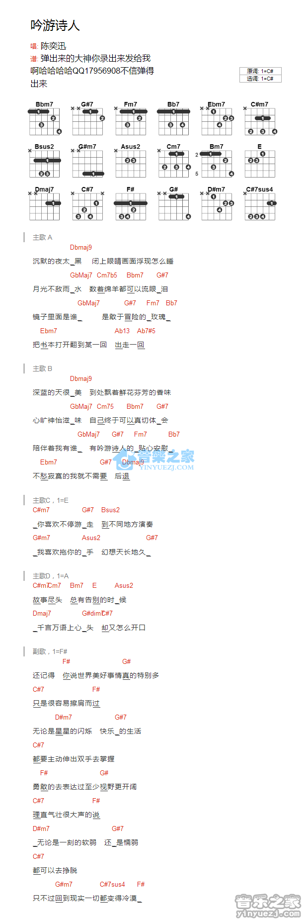 吟游诗人吉他谱 C调和弦谱_音乐之家编配_陈奕迅-吉他谱_吉他弹唱六线谱_指弹吉他谱_吉他教学视频 - 民谣吉他网