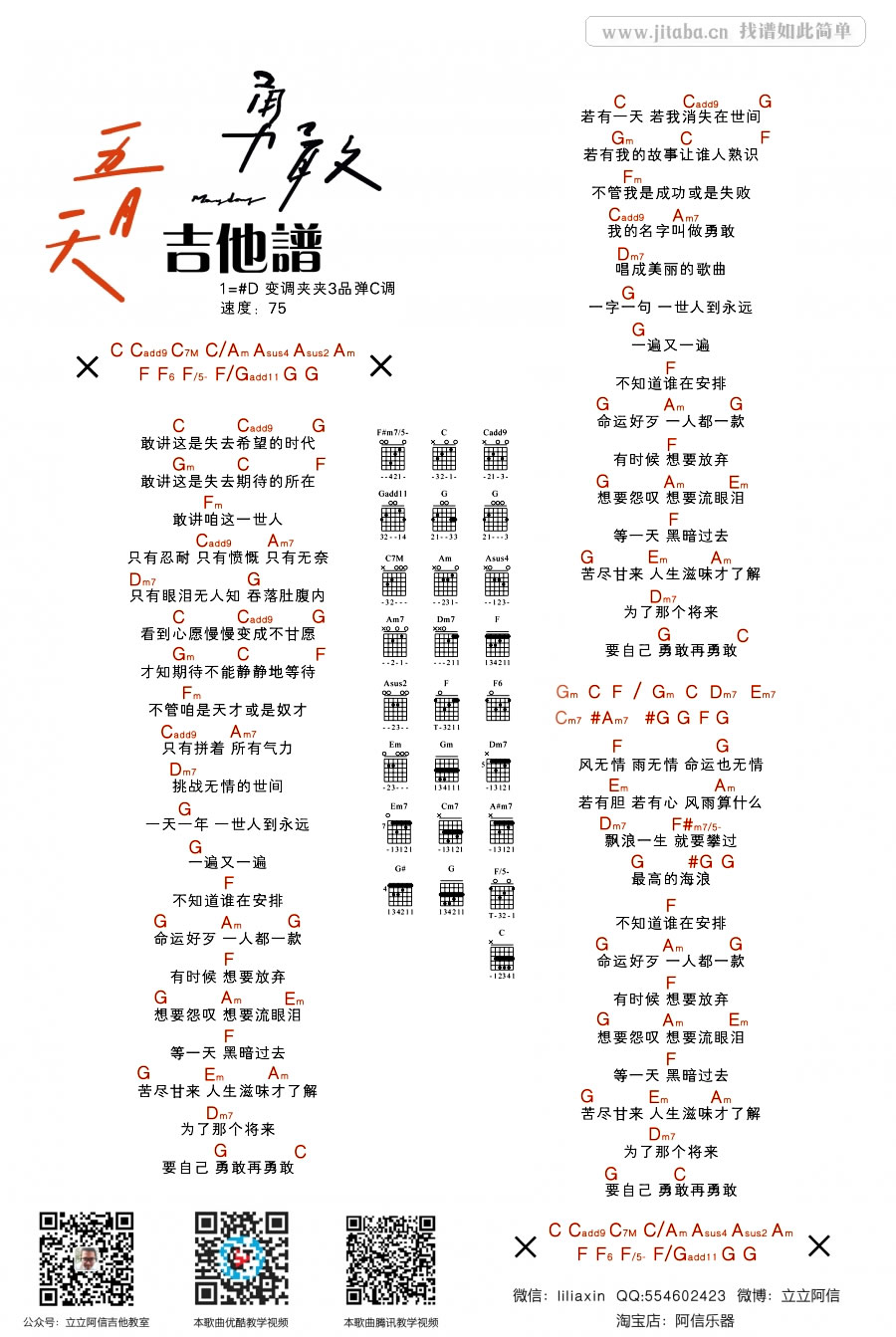 勇敢吉他谱 D调和弦谱_阿潘音乐工场编配_五月天-吉他谱_吉他弹唱六线谱_指弹吉他谱_吉他教学视频 - 民谣吉他网