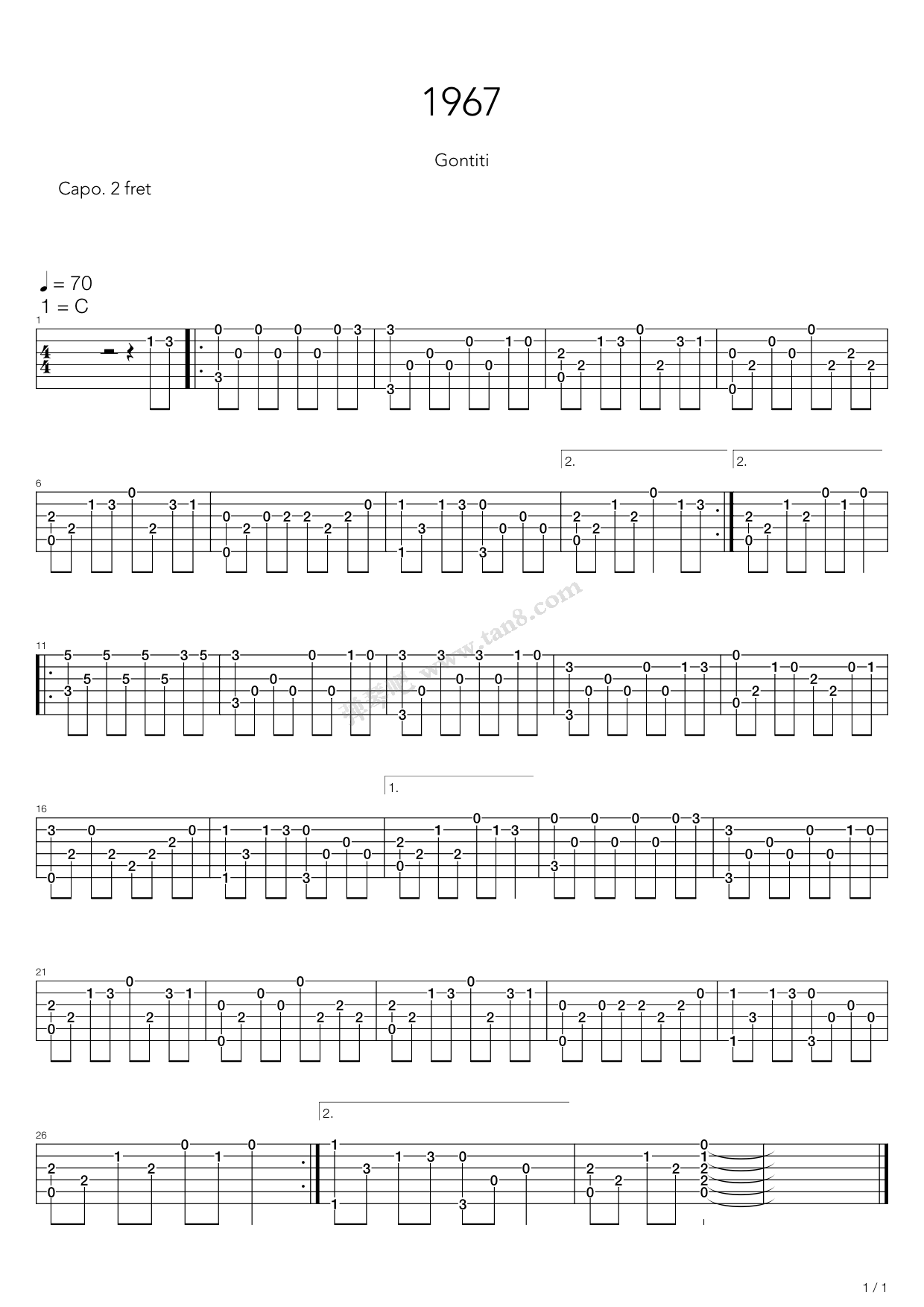 1967指弹谱 C调六线谱_弹琴吧编配_Gontiti-吉他谱_吉他弹唱六线谱_指弹吉他谱_吉他教学视频 - 民谣吉他网
