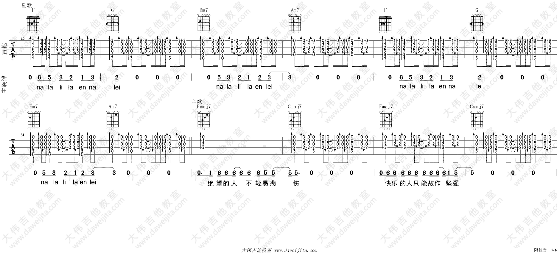 阿善拉吉他谱 C调精选版_大伟吉他教室编配_贰佰