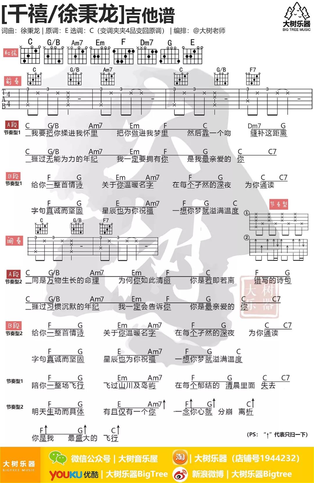 千禧吉他谱 C调和弦谱_大树音乐屋编配_徐秉龙-吉他谱_吉他弹唱六线谱_指弹吉他谱_吉他教学视频 - 民谣吉他网