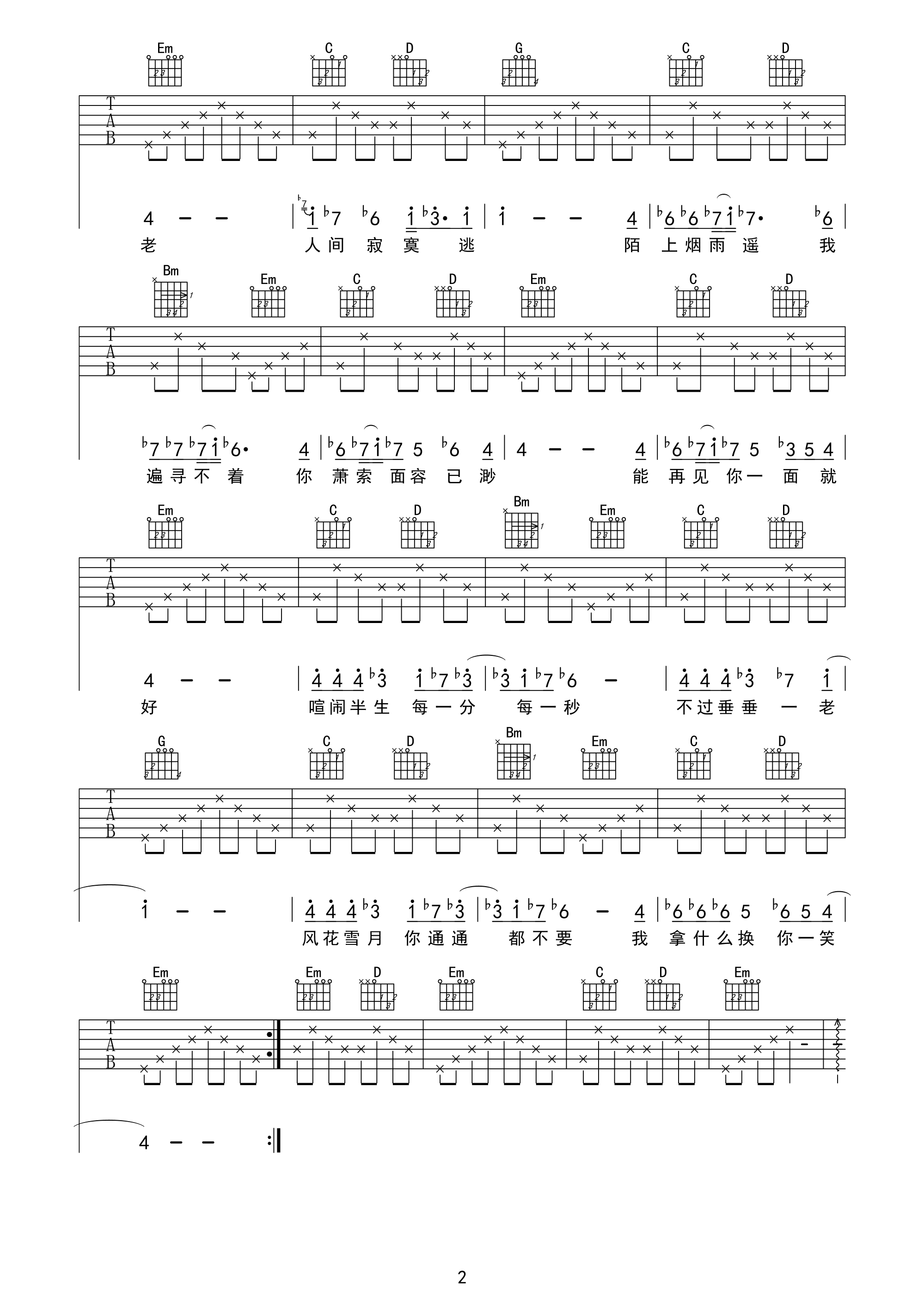 天涯高清版吉他谱 A调六线谱_高清版_Delay组合