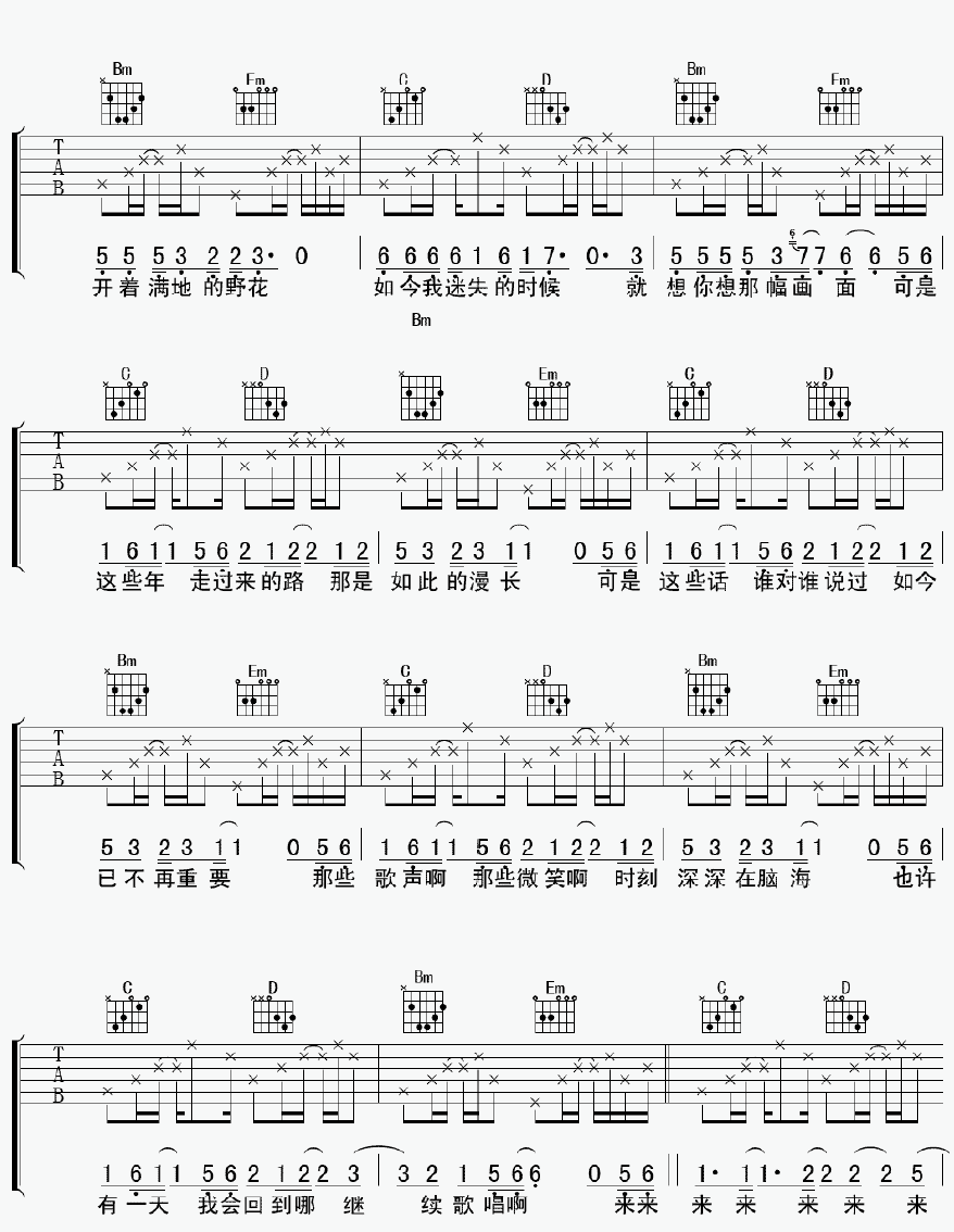 童年画面吉他谱 A调附前奏_彼岸吉他编配_晴天