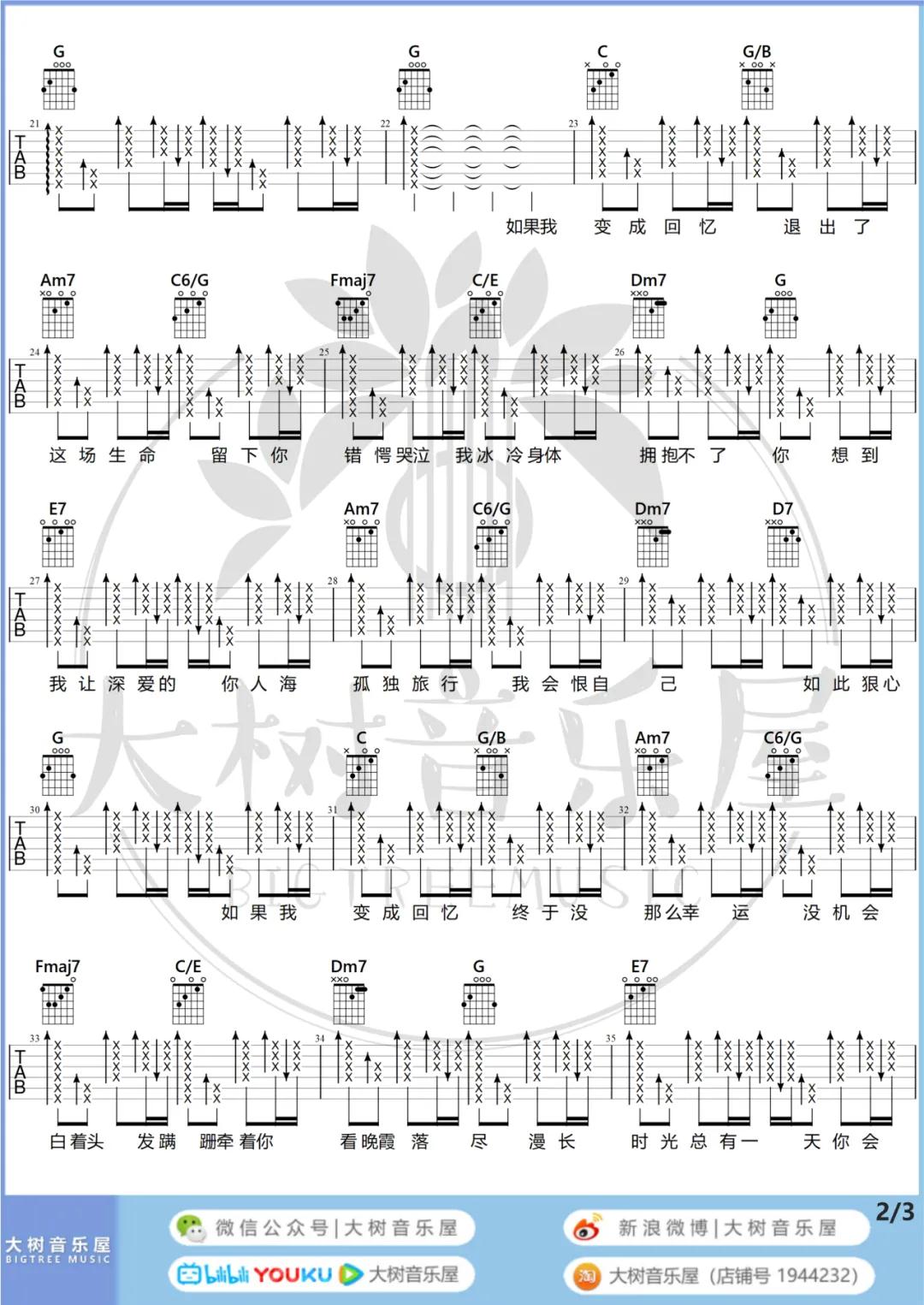如果我变成回忆吉他谱 C调和弦谱_大树音乐屋编配_Tank