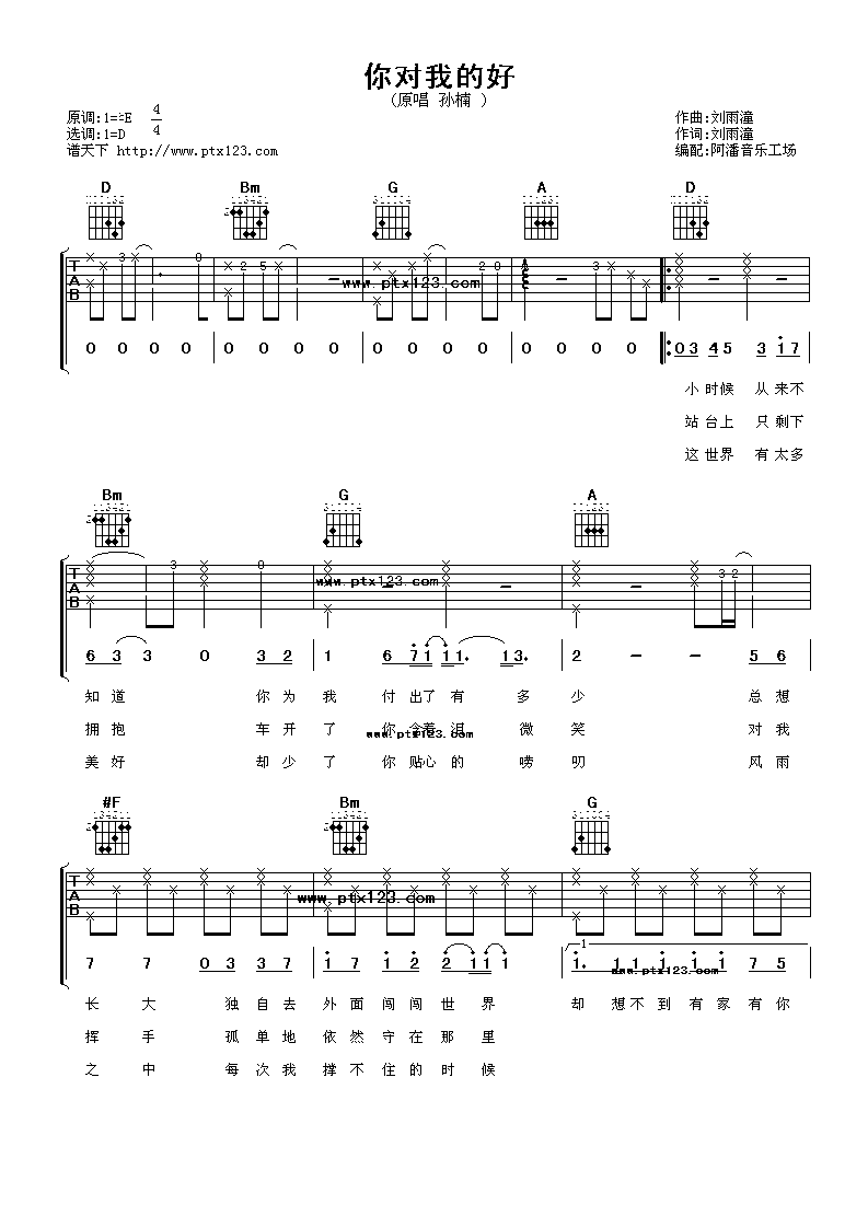 你对我的好吉他谱 D调附前奏_阿潘音乐工场编配_孙楠-吉他谱_吉他弹唱六线谱_指弹吉他谱_吉他教学视频 - 民谣吉他网