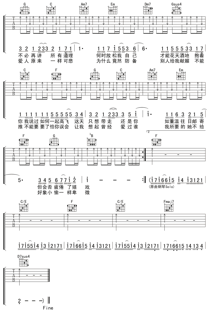 岁月如歌吉他谱 C调简单版_虫虫吉他编配_陈奕迅