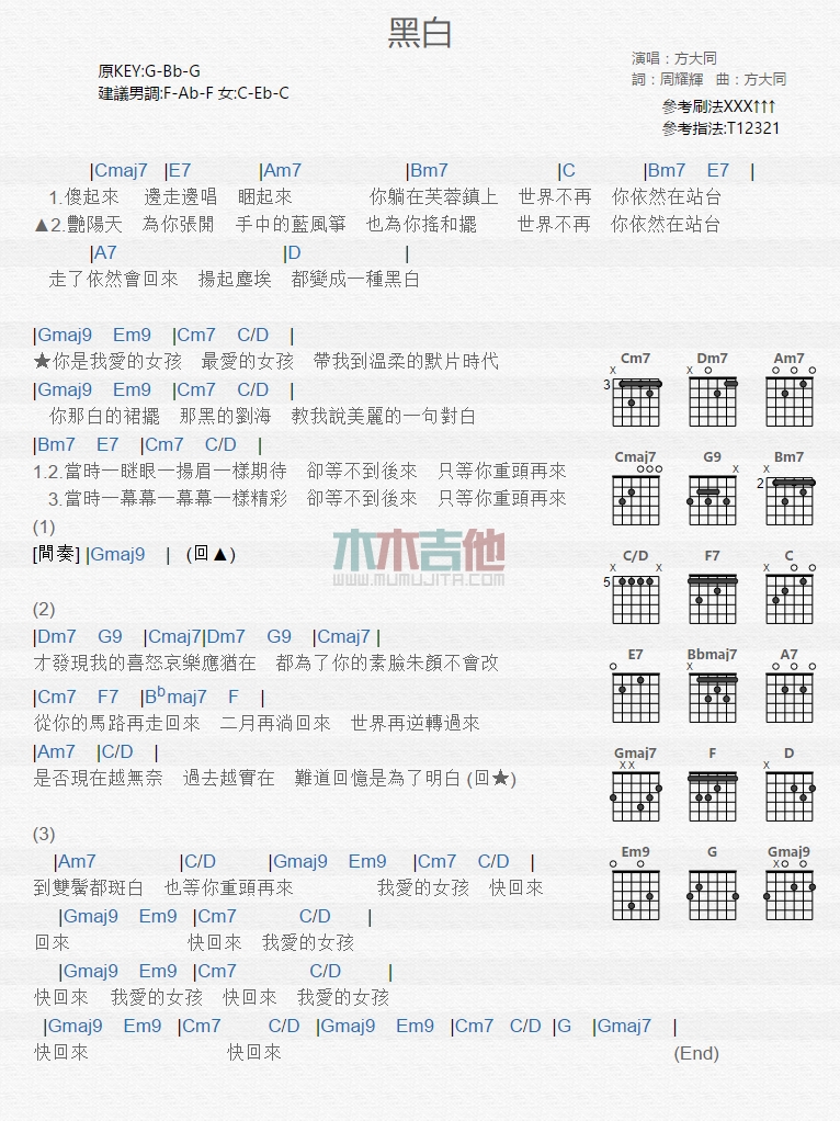 黑白吉他谱 G调和弦谱_木木吉他编配_方大同-吉他谱_吉他弹唱六线谱_指弹吉他谱_吉他教学视频 - 民谣吉他网