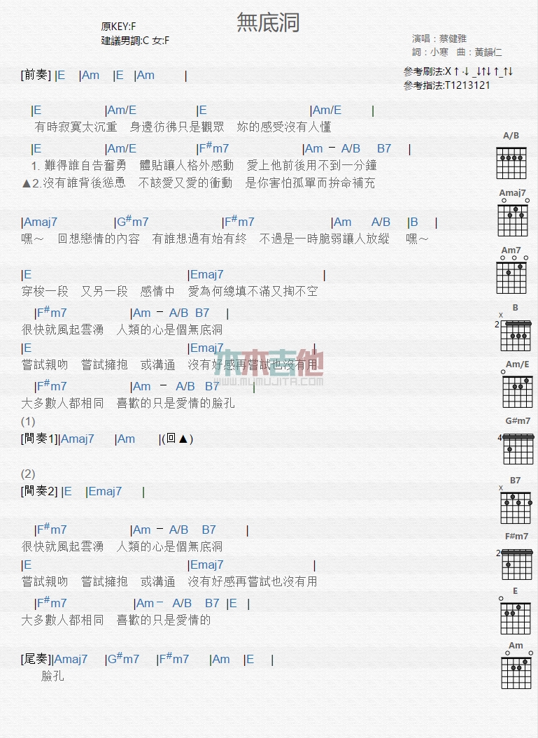 无底洞吉他谱 E调和弦谱_木木吉他编配_蔡健雅-吉他谱_吉他弹唱六线谱_指弹吉他谱_吉他教学视频 - 民谣吉他网