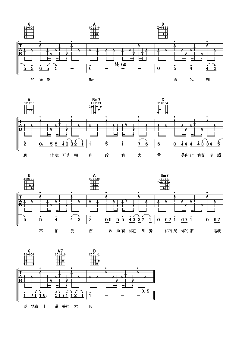 最美的太阳吉他谱 D调男生版_阿潘音乐工场编配_张杰