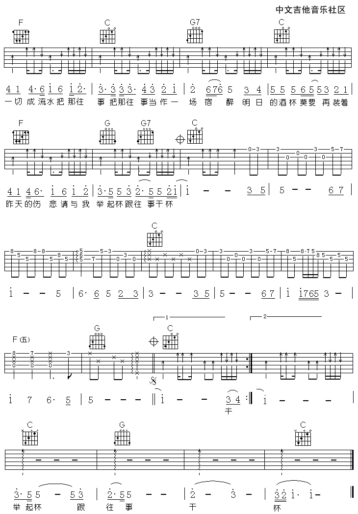 跟往事干杯吉他谱 C调六线谱_17吉他编配_姜育恒