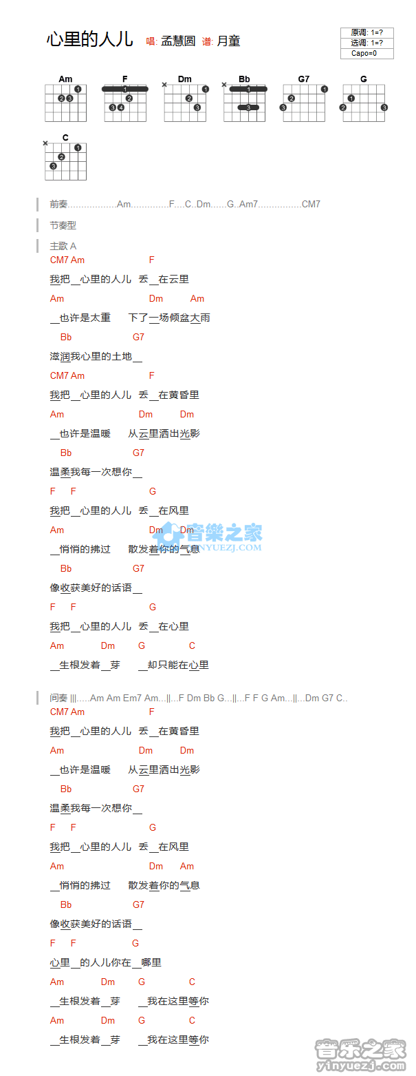心里的人儿吉他谱 C调和弦谱_音乐之家编配_孟慧圆-吉他谱_吉他弹唱六线谱_指弹吉他谱_吉他教学视频 - 民谣吉他网
