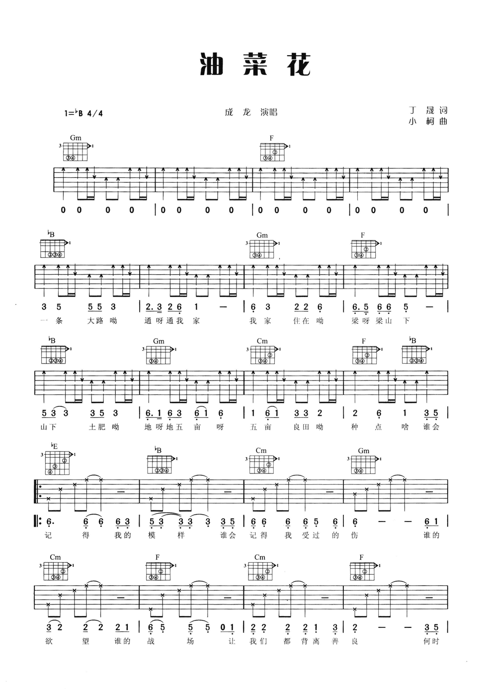 油菜花吉他谱 B调六线谱_简单版_成龙-吉他谱_吉他弹唱六线谱_指弹吉他谱_吉他教学视频 - 民谣吉他网