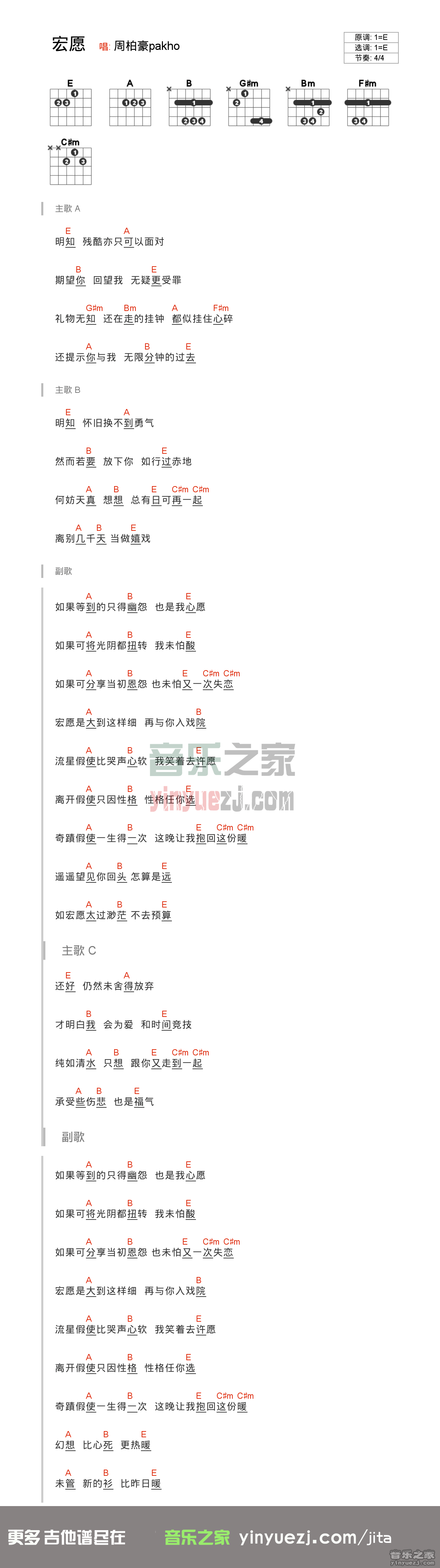 宏愿吉他谱 E调和弦谱_音乐之家编配_周柏豪-吉他谱_吉他弹唱六线谱_指弹吉他谱_吉他教学视频 - 民谣吉他网