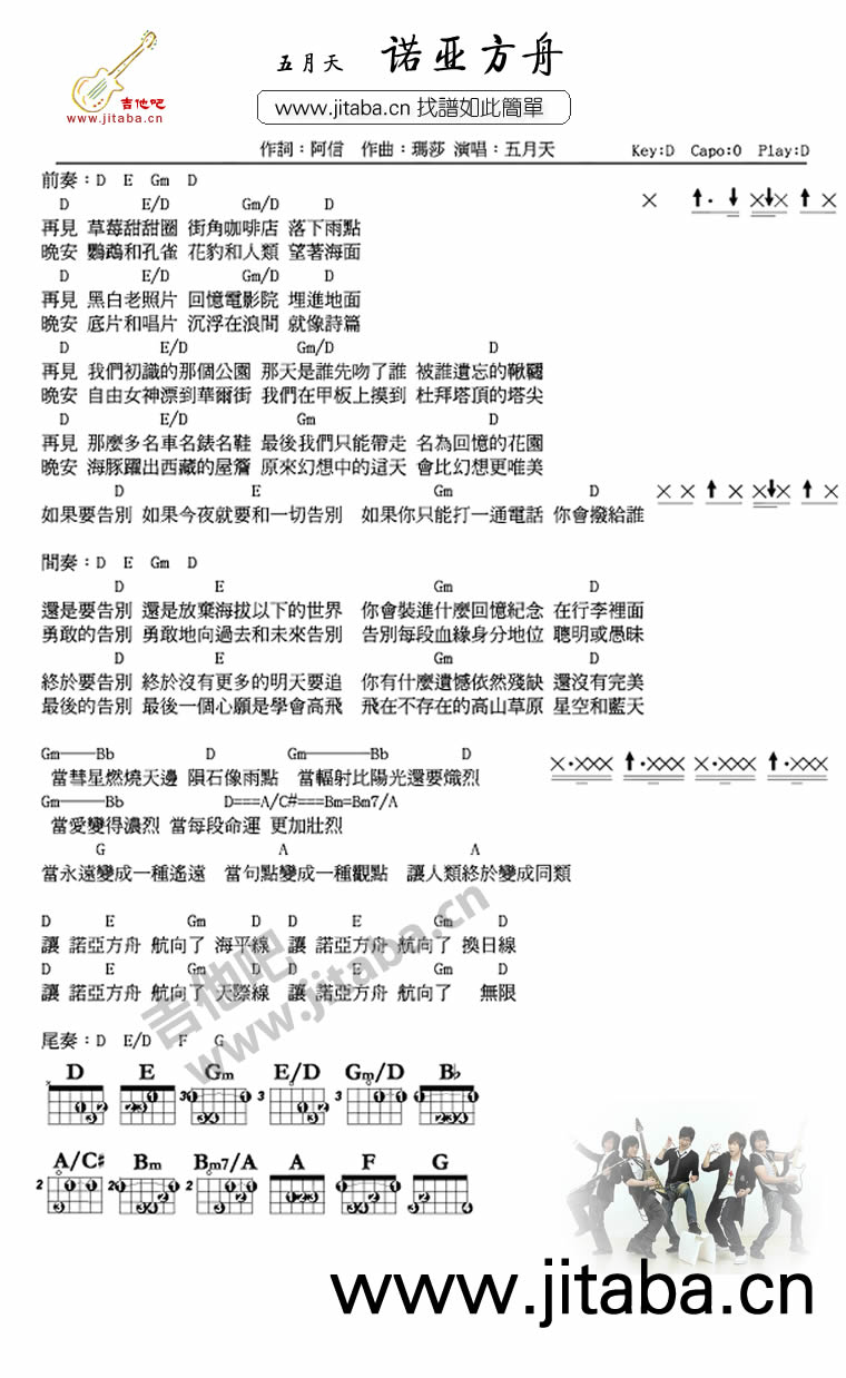 诺亚方舟吉他谱 D调和弦谱_吉他吧编配_五月天-吉他谱_吉他弹唱六线谱_指弹吉他谱_吉他教学视频 - 民谣吉他网