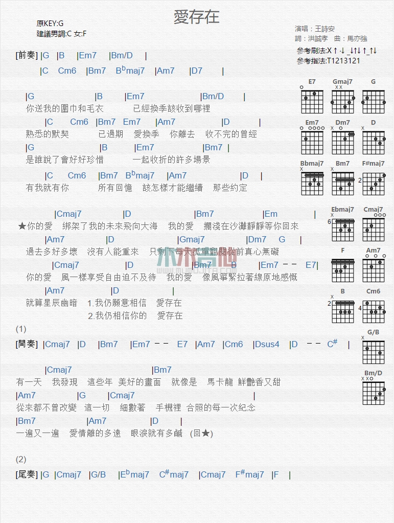 爱存在吉他谱 G调和弦谱_木木吉他编配_王诗安-吉他谱_吉他弹唱六线谱_指弹吉他谱_吉他教学视频 - 民谣吉他网