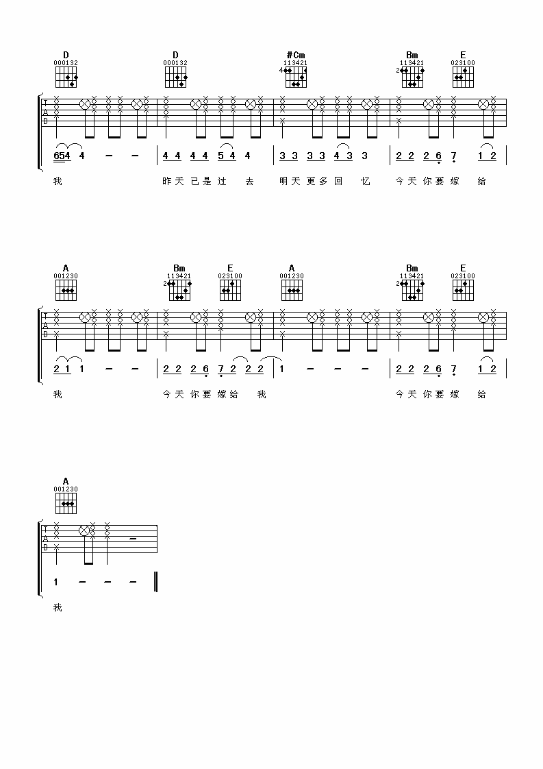 今天你要嫁给我吉他谱 A调女生版_阿潘音乐工场编配_蔡依林