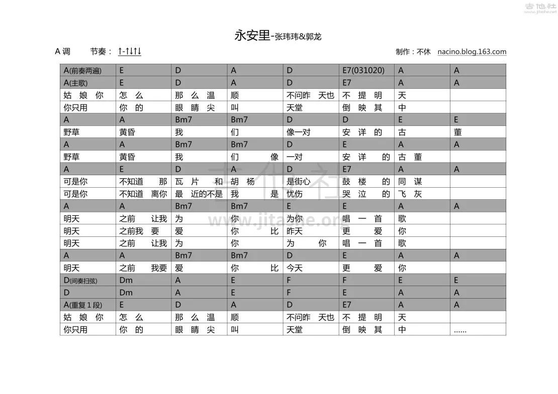 永安里吉他谱 A调男生版_吉他社编配_张玮玮-吉他谱_吉他弹唱六线谱_指弹吉他谱_吉他教学视频 - 民谣吉他网