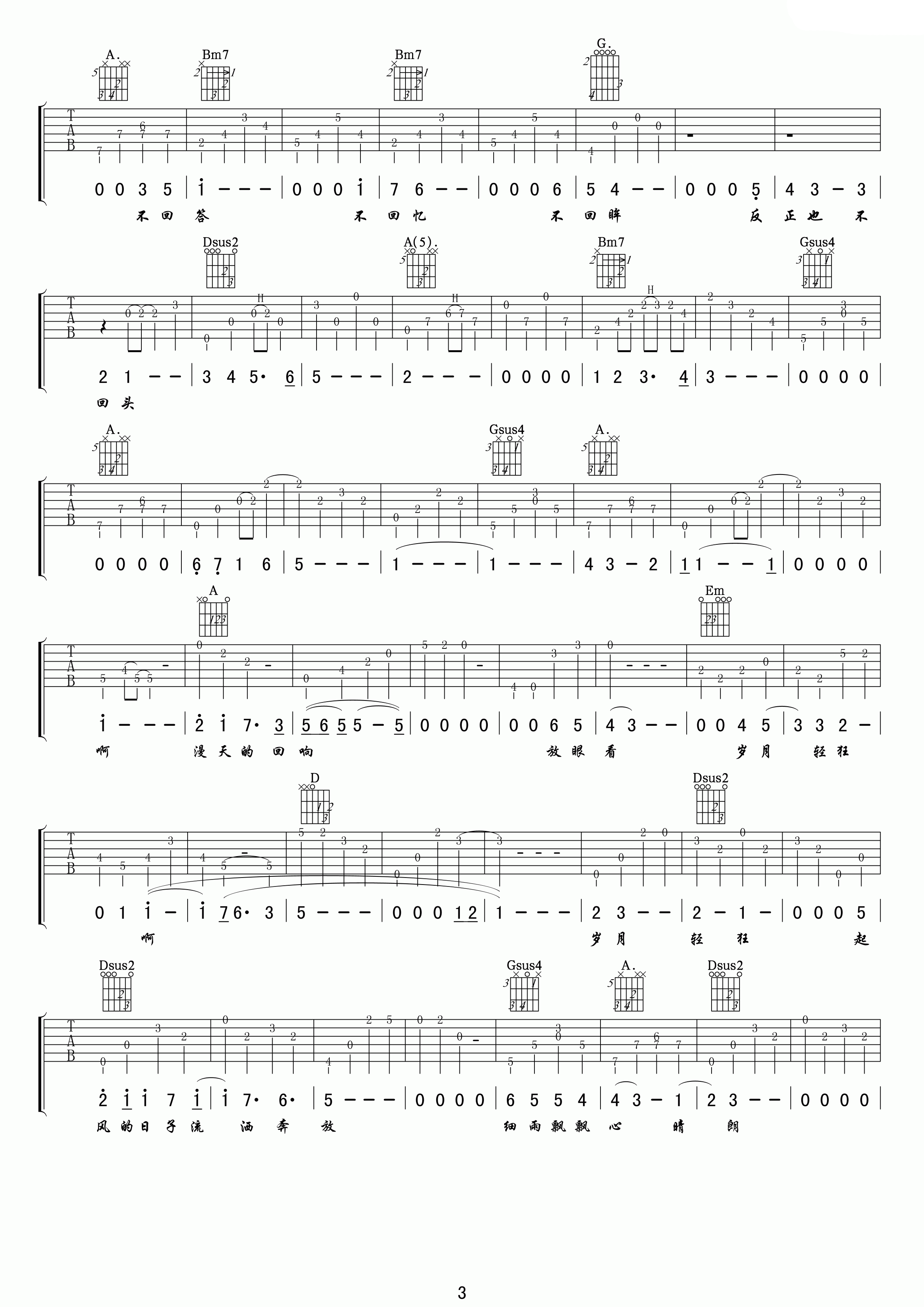 岁月轻狂吉他谱 E调高清版_小叶歌吉他编配_李治廷