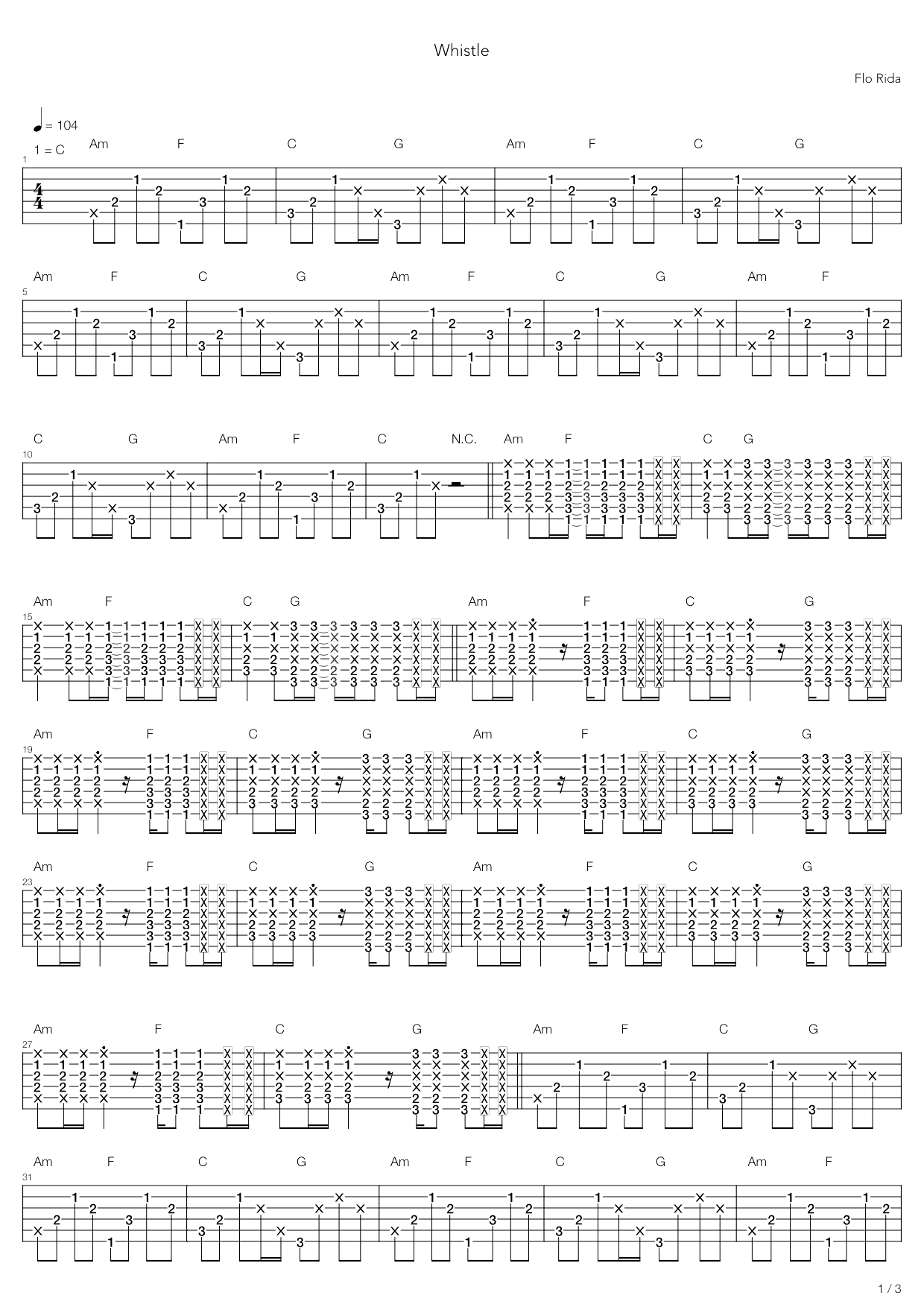 whistle指弹谱 C调六线谱_高清版_Flo Rida-吉他谱_吉他弹唱六线谱_指弹吉他谱_吉他教学视频 - 民谣吉他网