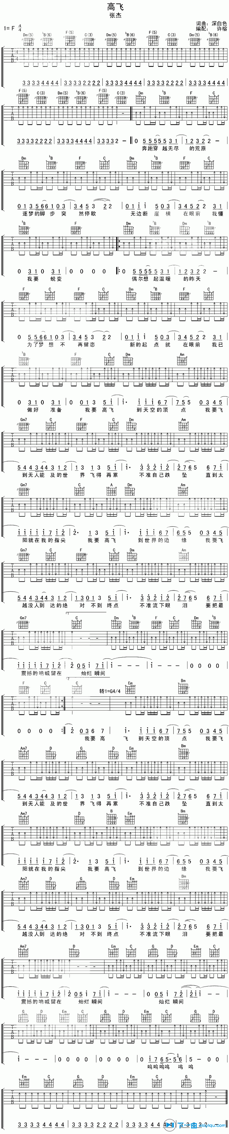 高飞吉他谱 F调扫弦版_许榕编配_张杰-吉他谱_吉他弹唱六线谱_指弹吉他谱_吉他教学视频 - 民谣吉他网