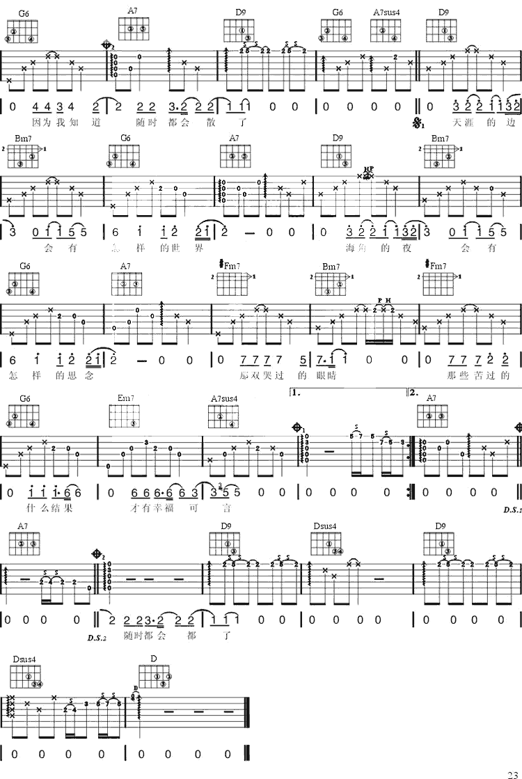 天涯海角吉他谱 D调六线谱_简单版_阿杜