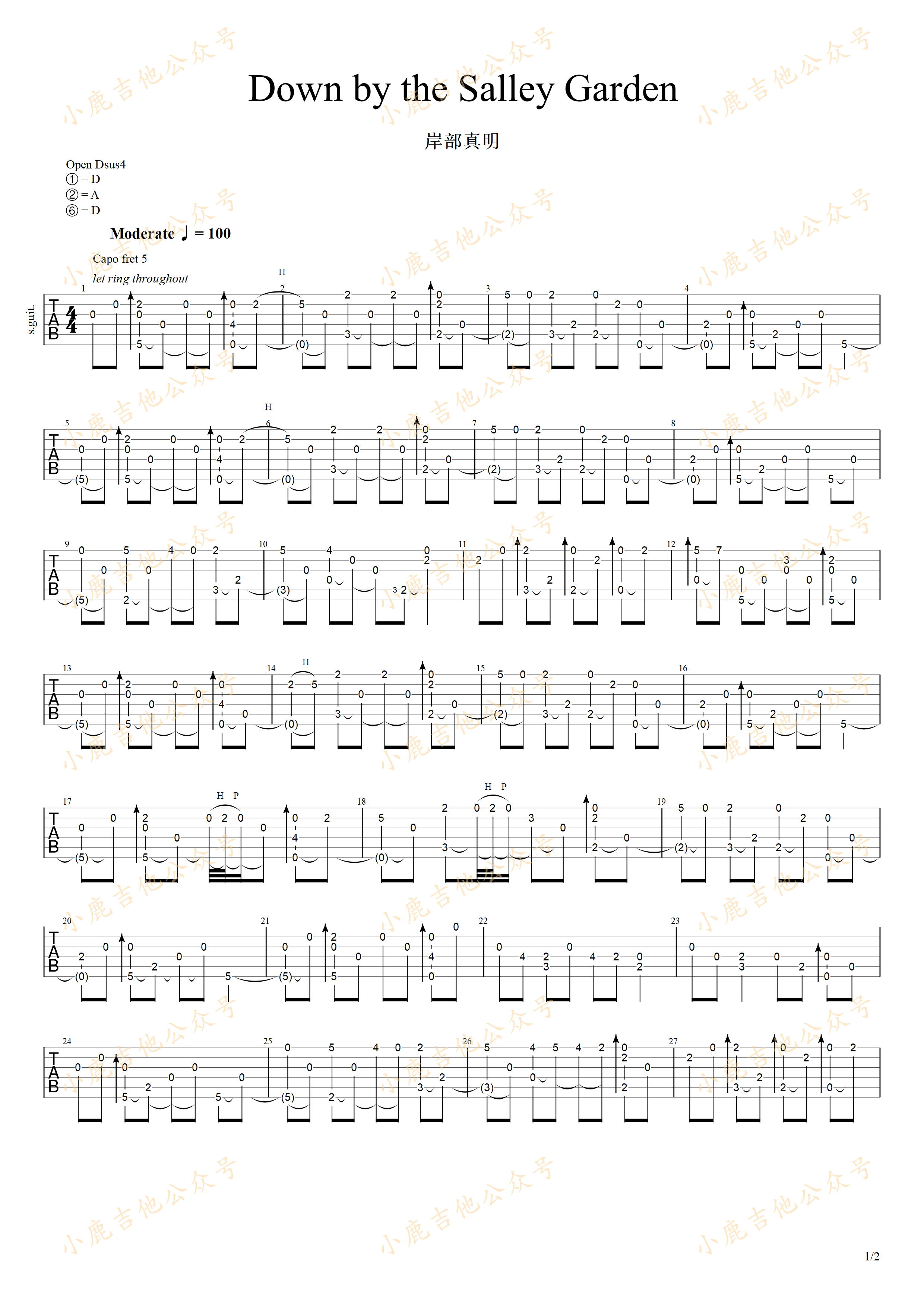 Down by the Salley Garden-岸部真明指弹吉他谱（小鹿吉他）-吉他谱_吉他弹唱六线谱_指弹吉他谱_吉他教学视频 - 民谣吉他网