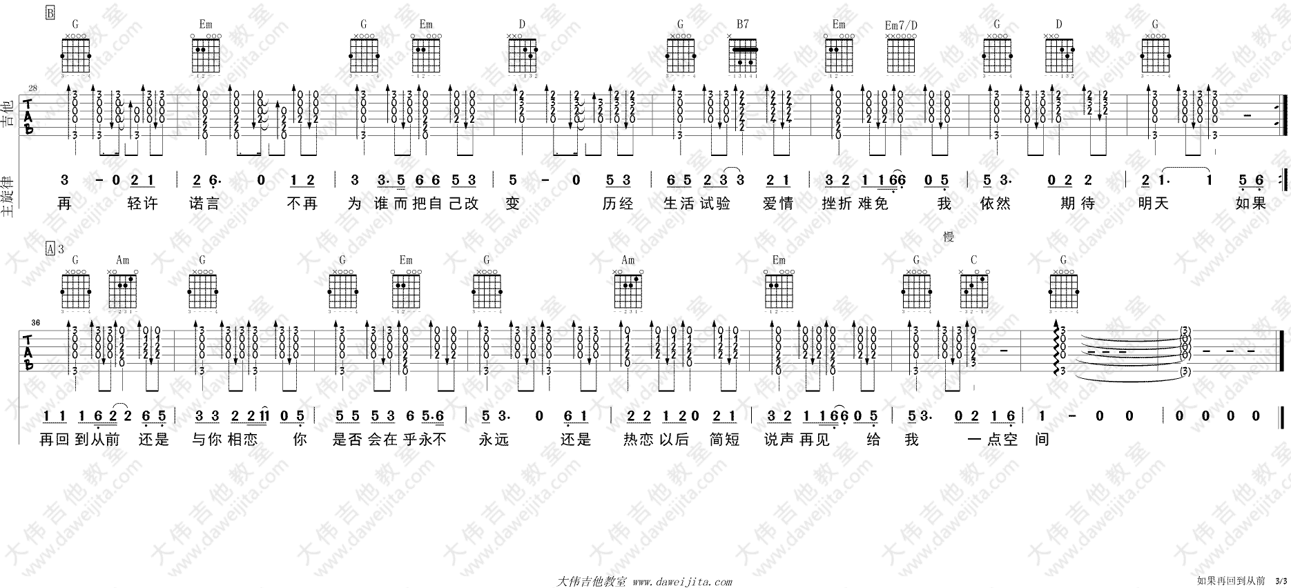 再回到从前吉他谱 G调带前奏_大伟吉他教室编配_张镐哲